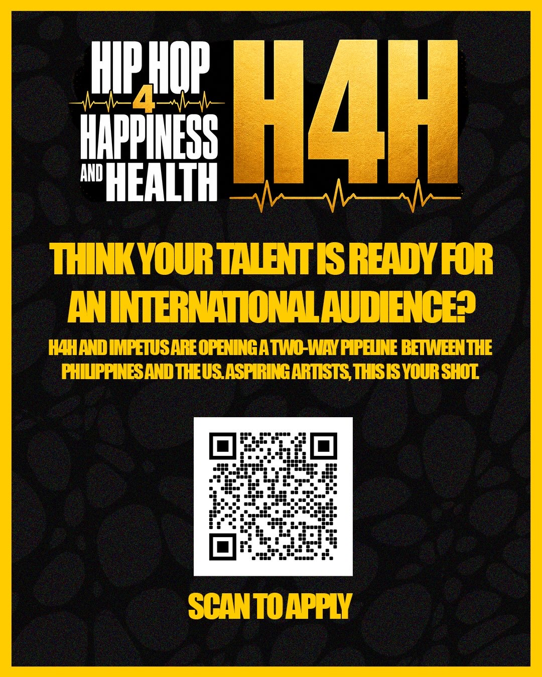 H4H and Impetus open-call flyer: think your talent is ready for an international audience, scan to apply